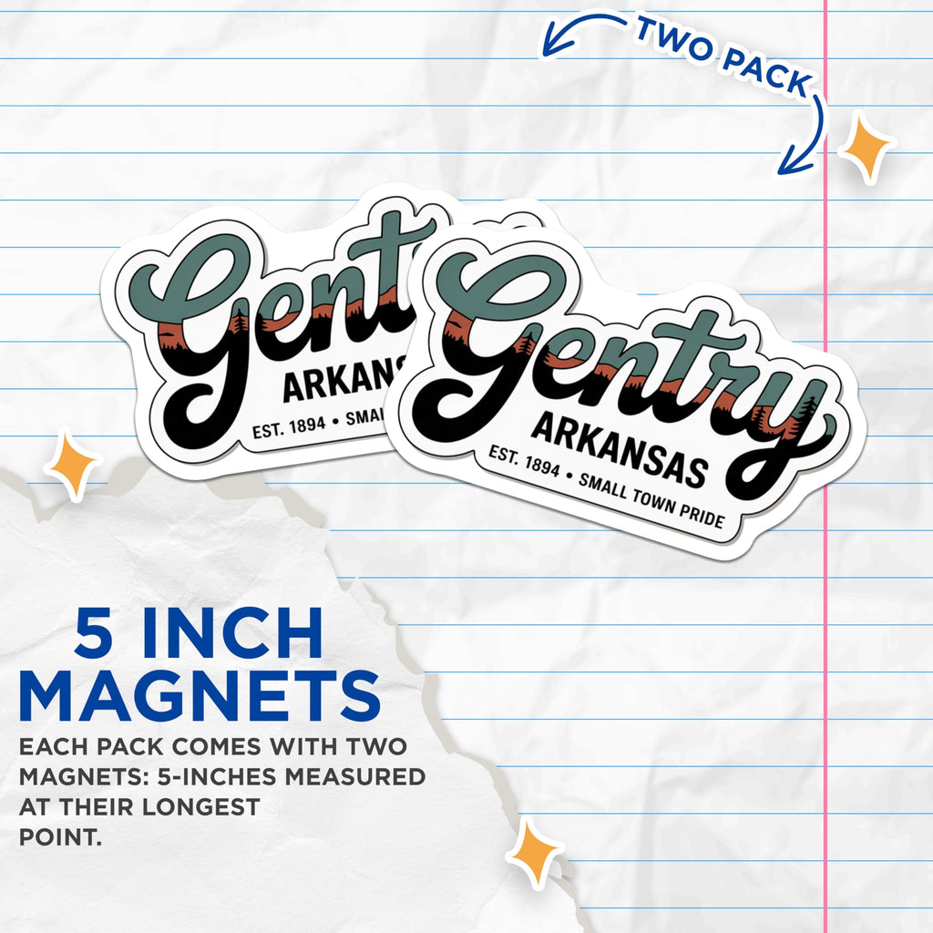 (2 Pack) Gentry Arkansas Magnets - Small Town Pride - Home State Souvenir Fridge Decor - 5" On Longest Side - Premium Magnet - for Cars, Refrigerators, Toolboxes, Lockers - Made in USA - MAG18138