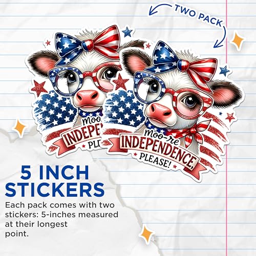 (2 Pack) Moo-re Independence Please Stickers - Patriotic Cow Stickers - Fourth of July Animal Stickers - 5" On Longest Side - Sticks to Any Smooth Flat Surface - Made in USA - BMCS2710