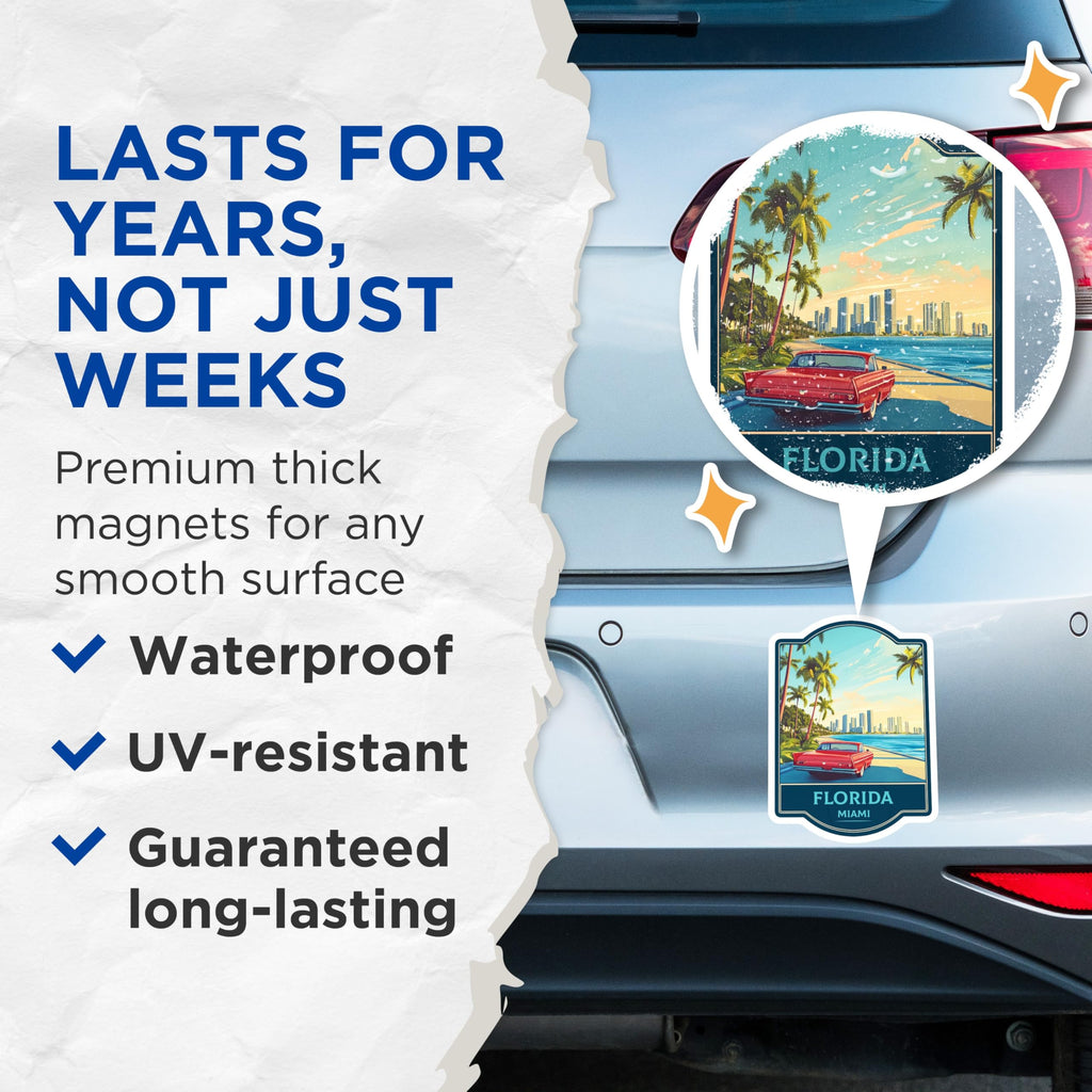 (2 Pack) Miami Florida Magnets - Retro Tropical Art Scene - Vintage Car Coastal View - Skyline Beach Travel Memento - 5 Inches On Longest Side - Thick Durable Magnet - Made in USA - MAG22249