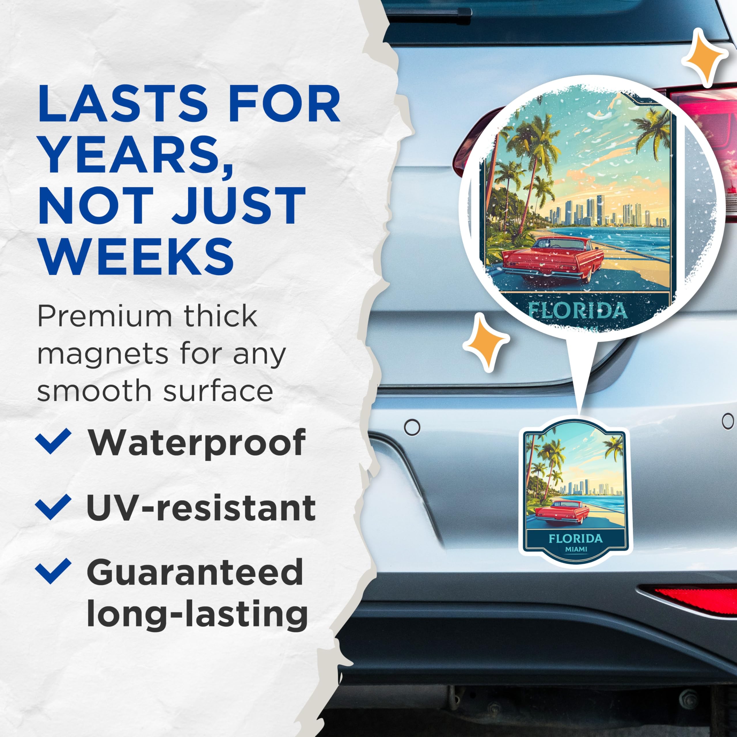 (2 Pack) Miami Florida Magnets - Retro Tropical Art Scene - Vintage Car Coastal View - Skyline Beach Travel Memento - 5 Inches On Longest Side - Thick Durable Magnet - Made in USA - MAG22249