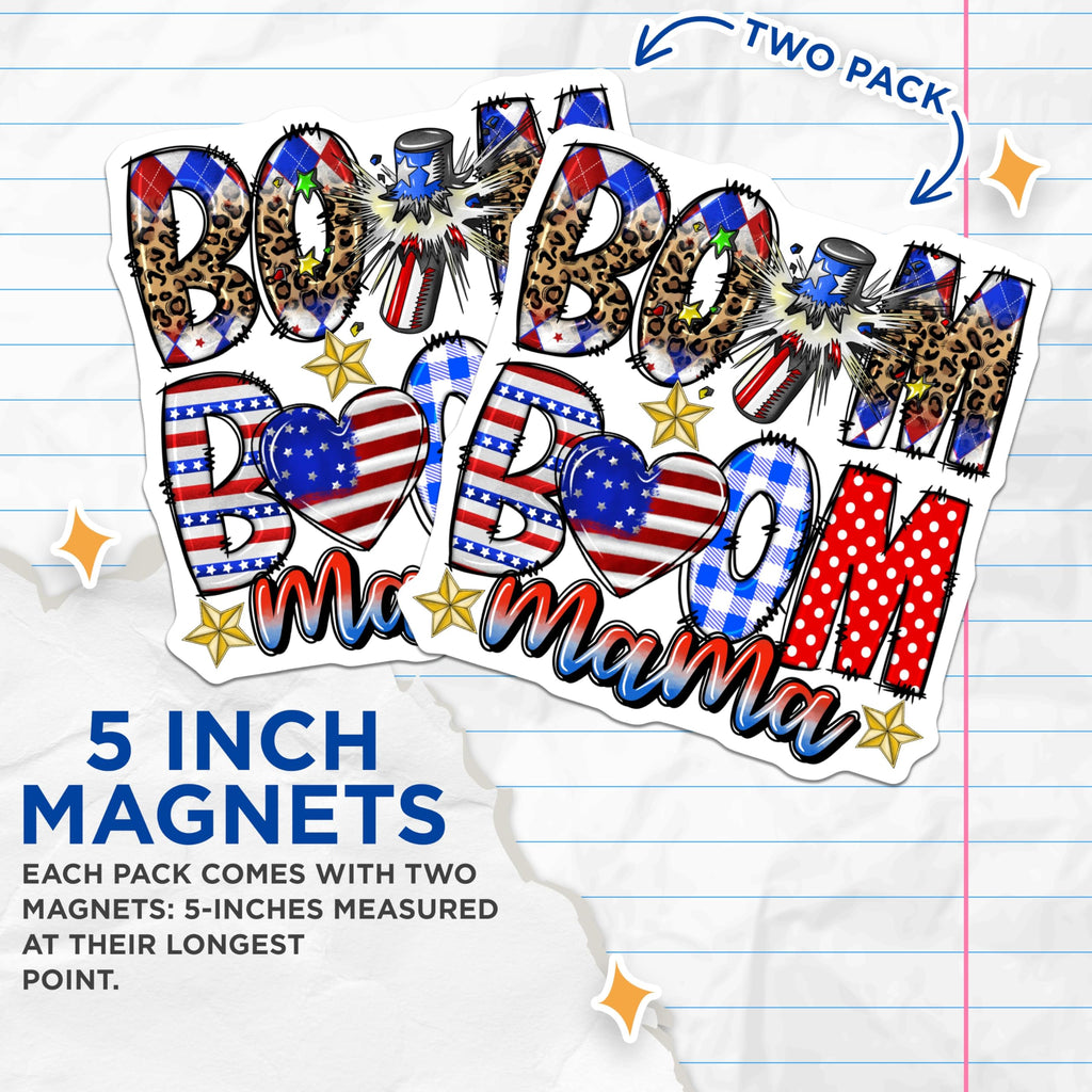 (2 Pack) Boom Boom Mama Magnets - 4th of July Mom Life - Patriotic Leopard Print Decor - 5 Inches On Longest Side - Thick Durable Magnet - Made in USA - MAG26237