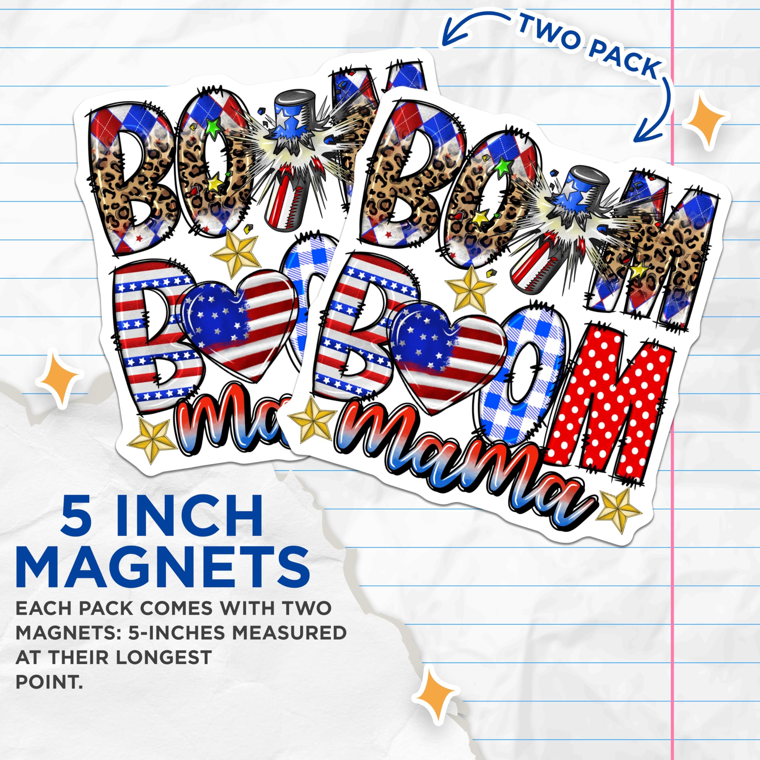 (2 Pack) Boom Boom Mama Magnets - 4th of July Mom Life - Patriotic Leopard Print Decor - 5 Inches On Longest Side - Thick Durable Magnet - Made in USA - MAG26237