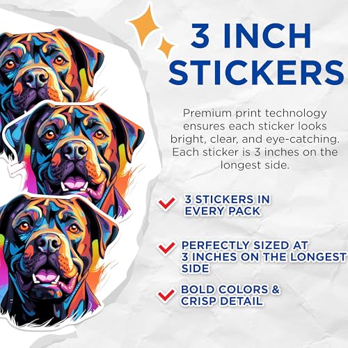 (3 Pack) Rottweiler Decals - Colorful Dog Stickers - Laptop Decal - 3 Inches On Longest Side - Easy Peel & Apply - Made in USA - 3MCS0687
