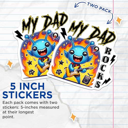 (2 Pack) My Dad Rocks Stickers - Alien Playing Guitar - Fun Dad - 5" On Longest Side - Sticks to Smooth Flat Surfaces - Made in USA - BMCS7471