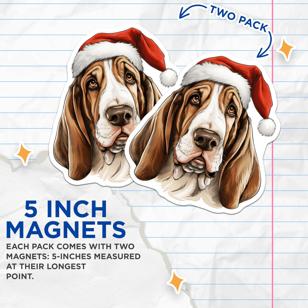 (2 Pack) Basset Hound Christmas Magnets - Santa Dog Holiday Decor - Pet Lover Fridge Magnet Set - 5 Inches On Longest Side - Thick Durable Magnet - Made in USA - MAG29608