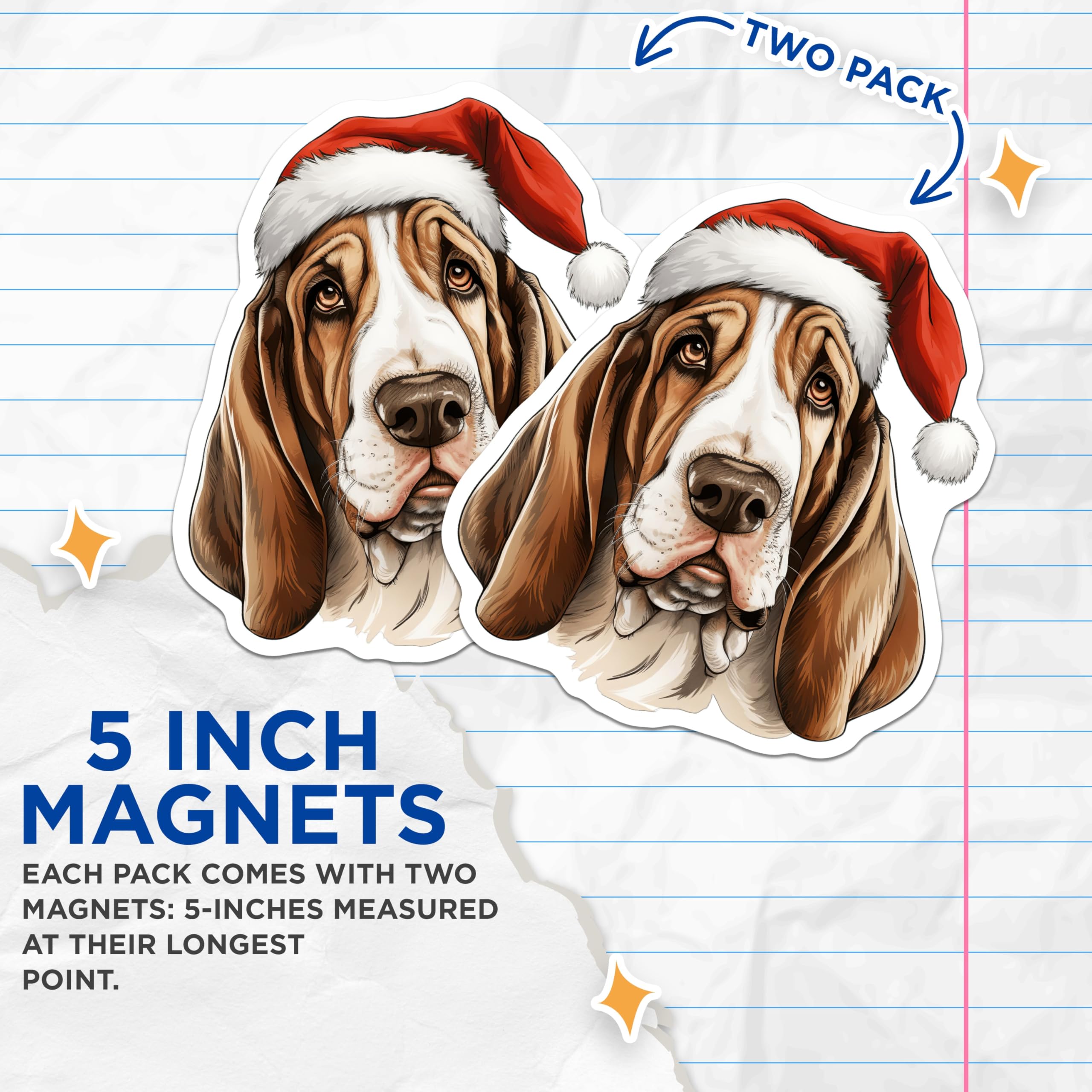 (2 Pack) Basset Hound Christmas Magnets - Santa Dog Holiday Decor - Pet Lover Fridge Magnet Set - 5 Inches On Longest Side - Thick Durable Magnet - Made in USA - MAG29608