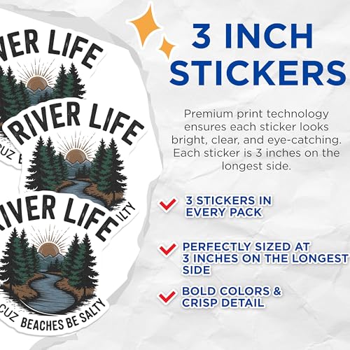 (3 Pack) River Life Decals - Salty Beaches - Laptop Decal - 3 Inches On Longest Side - Easy Peel & Apply - Made in USA - 3MCS7941
