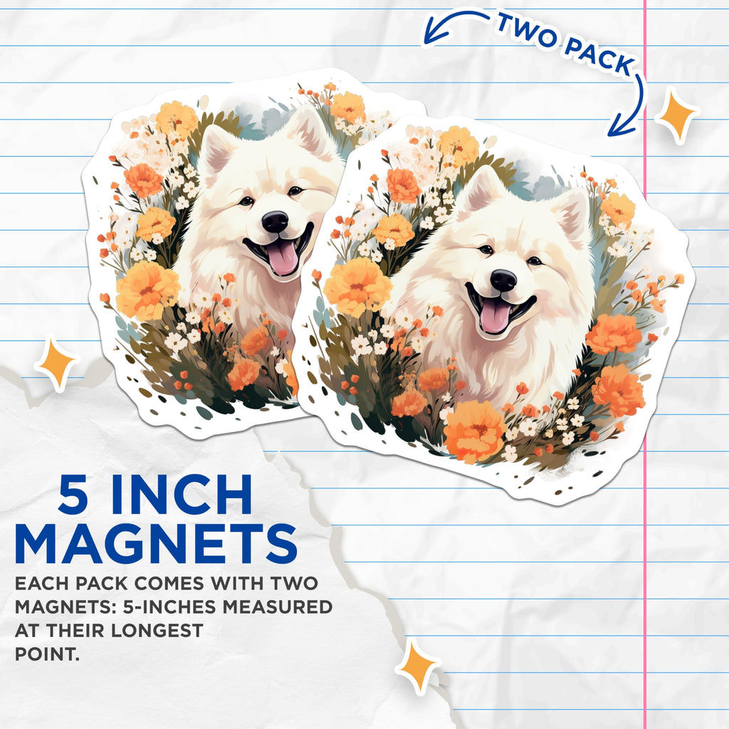 (2 Pack) Samoyed Dog Magnets - Floral Pet Decor - Dog Mom Accessory - 5 Inches On Longest Side - Thick Durable Magnet - Made in USA - MAG25409
