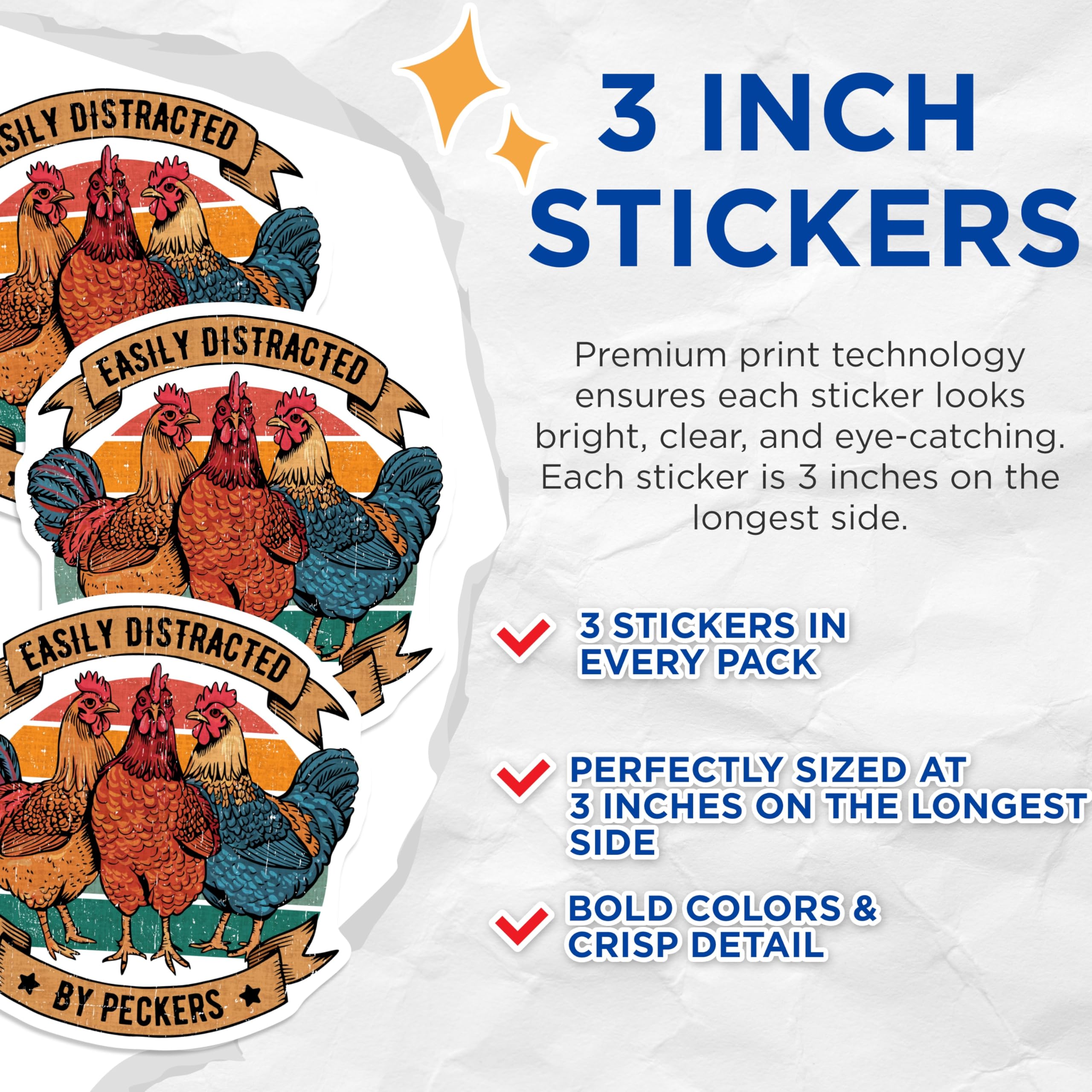 (3 Pack) Chicken Decals - Easily Distracted - Funny Chicken - 3 Inches On Longest Side - Easy Peel & Apply - Made in USA - 3MCS2208