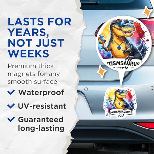 (2 Pack) Autismsaurus Rex Magnets - Funny Autism Awareness - 5" On Longest Side - for Cars, Fridges, Toolboxes - Made in USA - MAG8126