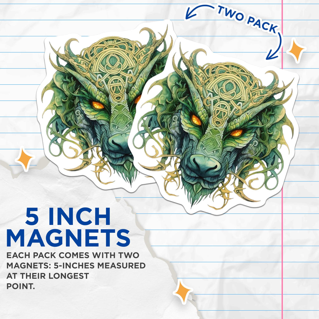 (2 Pack) Celtic Dragon Magnets - Fantasy Art - Mythical Beast - Green Forest Spirit Decor - Ancient Knotwork Design - 5 Inches On Longest Side - Thick Durable Magnet - Made in USA - MAG23801