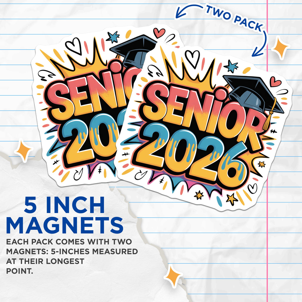(2 Pack) Senior 2026 Graduation Magnets - Class of 2026 Decor - High School College Graduate Gifts - 5 Inches On Longest Side - Thick Durable Magnet - Made in USA - MAG38075