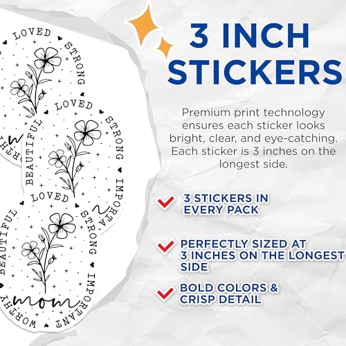 (3 Pack) Mom Flower Decals - Mother's Day Present - Loved Strong Mom- 3 Inches On Longest Side - Easy Peel & Apply - Made in USA - 3MCS5607
