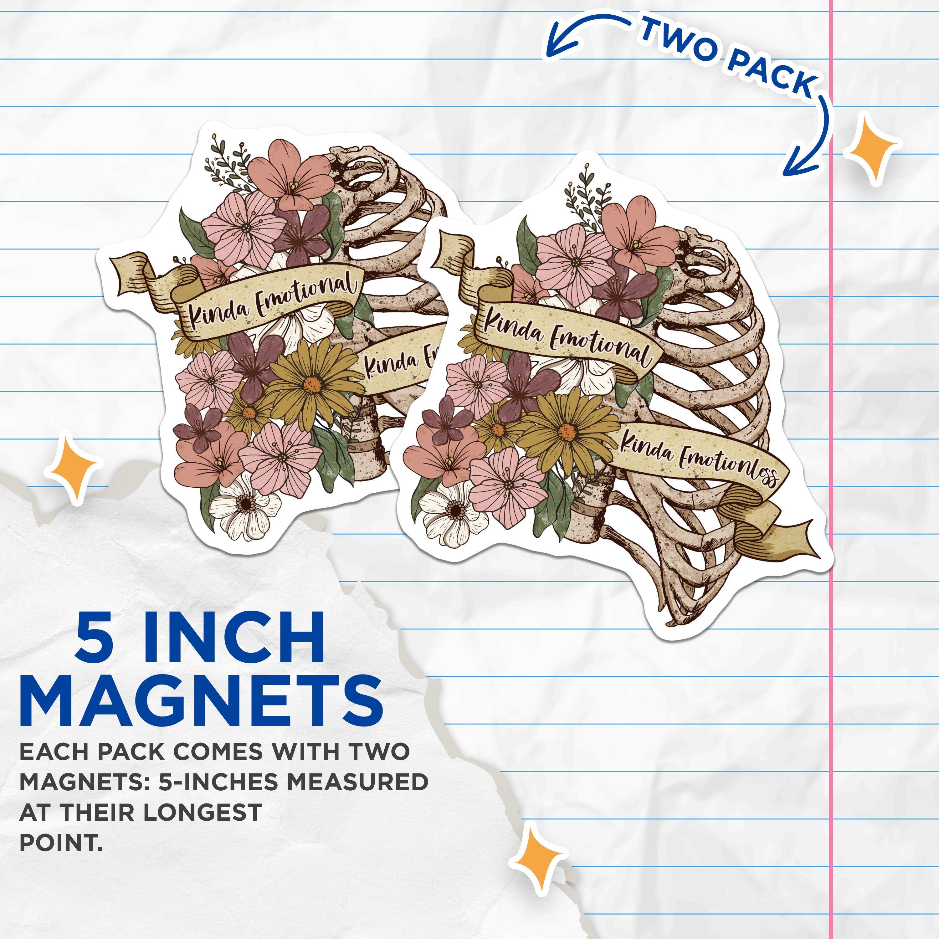 (2 Pack) Kinda Emotional Kinda Emotionless Magnets - Floral Rib Cage Art - Emotional Spectrum Decor - 5 Inches On Longest Side - Thick Durable Magnet - Made in USA - MAG36086