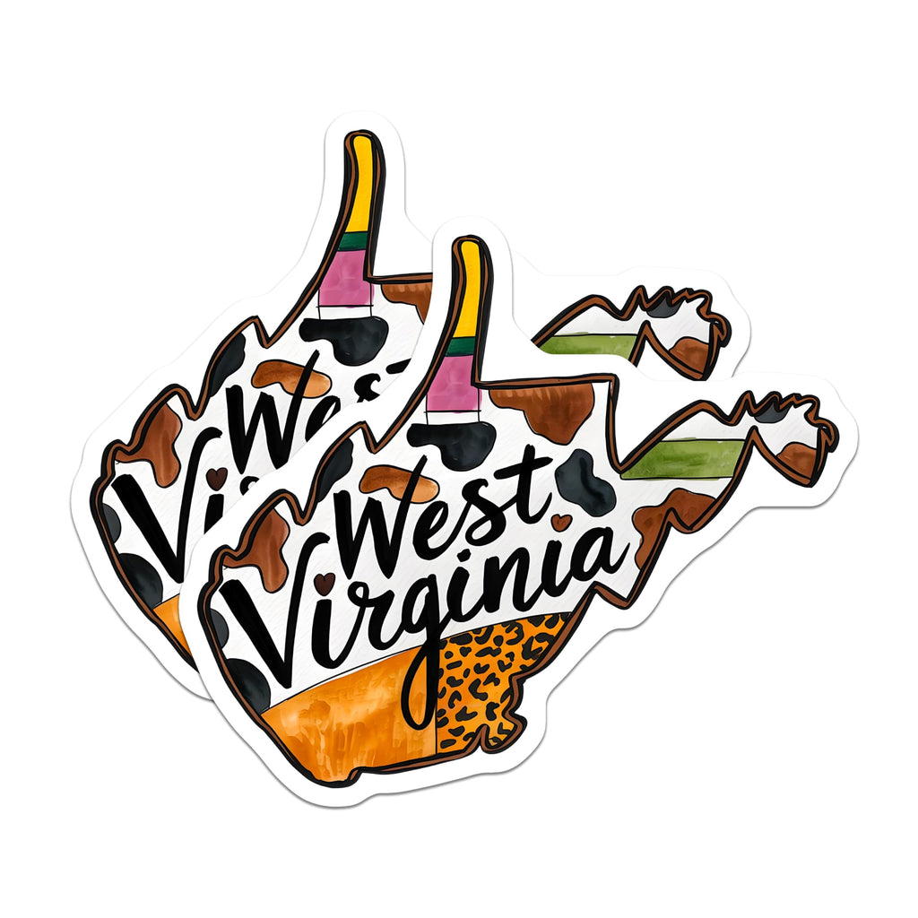 (2 Pack) West Virginia Magnets - WV State Outline Decor - Cow Print Leopard Aesthetic - Appalachian Home Fridge Magnet - 5 Inches On Longest Side - Thick Durable Magnet - Made in USA - MAG24846