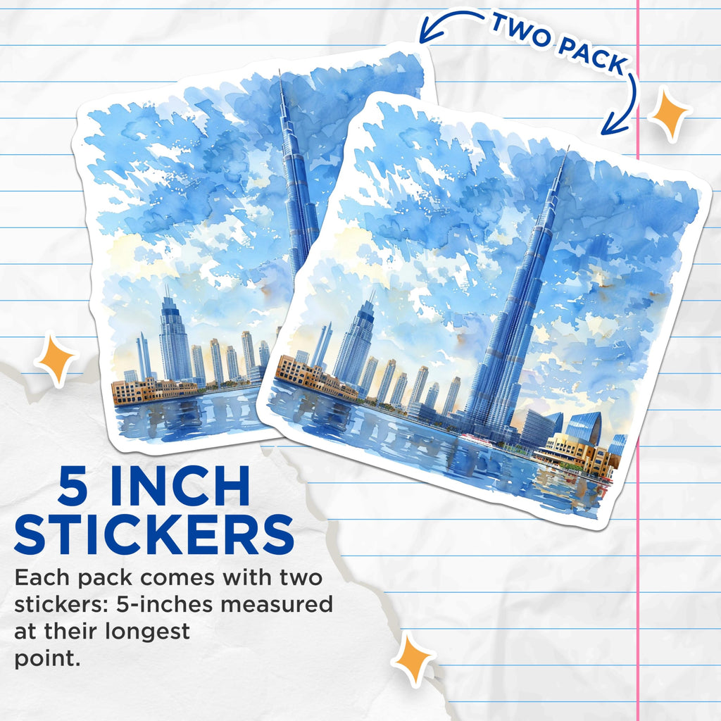 (2 Pack) Dubai Skyline Stickers - Watercolor Cityscape Stickers - Travel Destination Stickers - 5" On Longest Side - Sticks to Smooth Flat Surfaces - Made in USA - BMCS5184