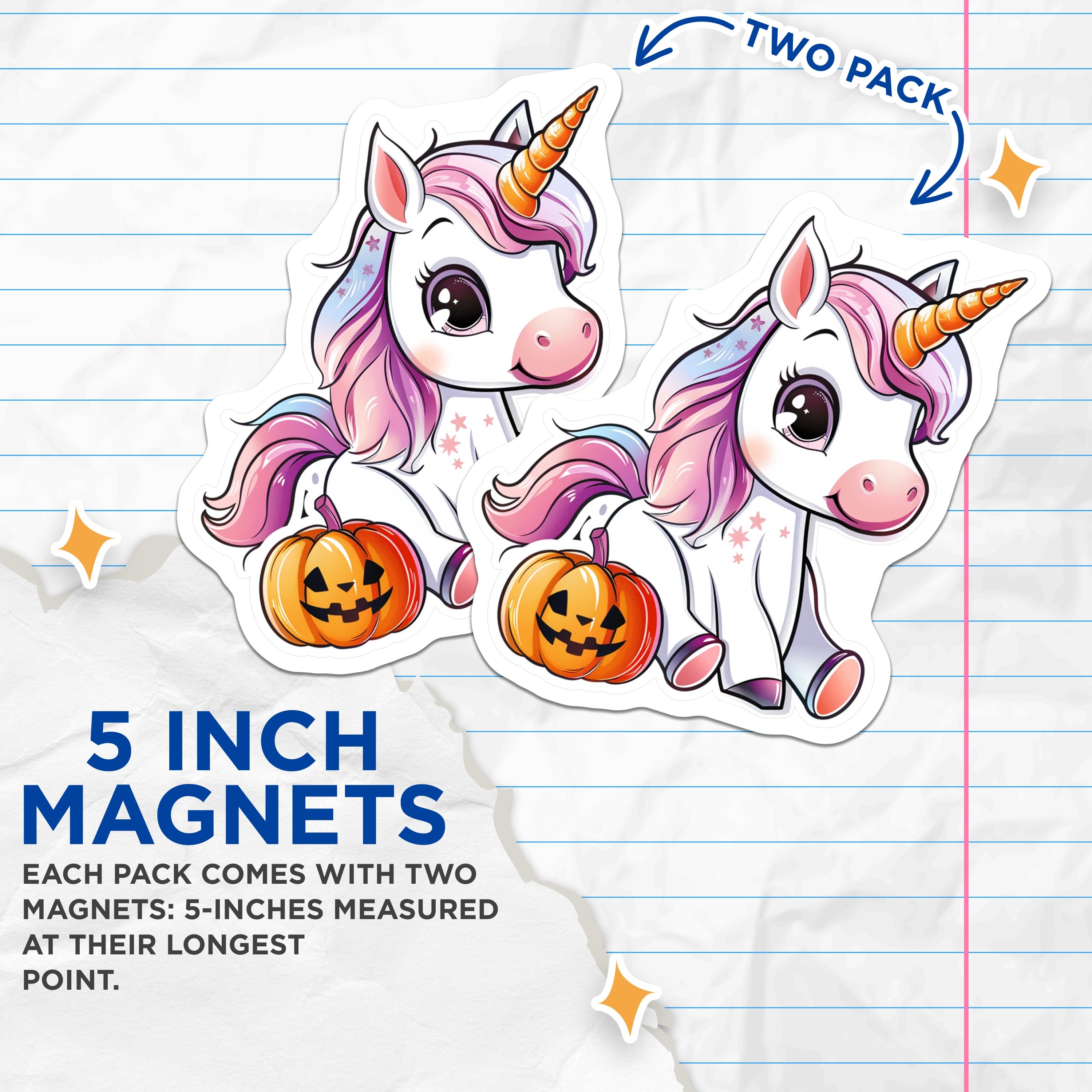(2 Pack) Halloween Unicorn Magnets - Cute Jack O Lantern - Autumn Fall Decor - Magical Fantasy Creature Fridge Locker - 5 Inches On Longest Side - Thick Durable Magnet - Made in USA - MAG36122