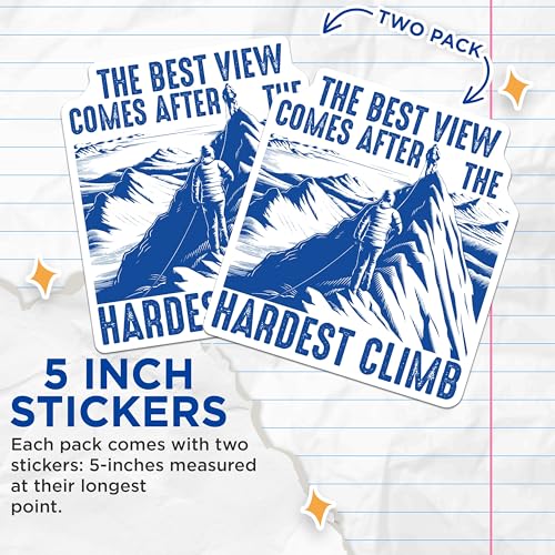 (2 Pack) Best View After Hardest Climb Stickers - Inspirational Quote Stickers - Motivational Outdoor Stickers - 5" On Longest Side - Sticks to Smooth Flat Surfaces - Made in USA - BMCS5790