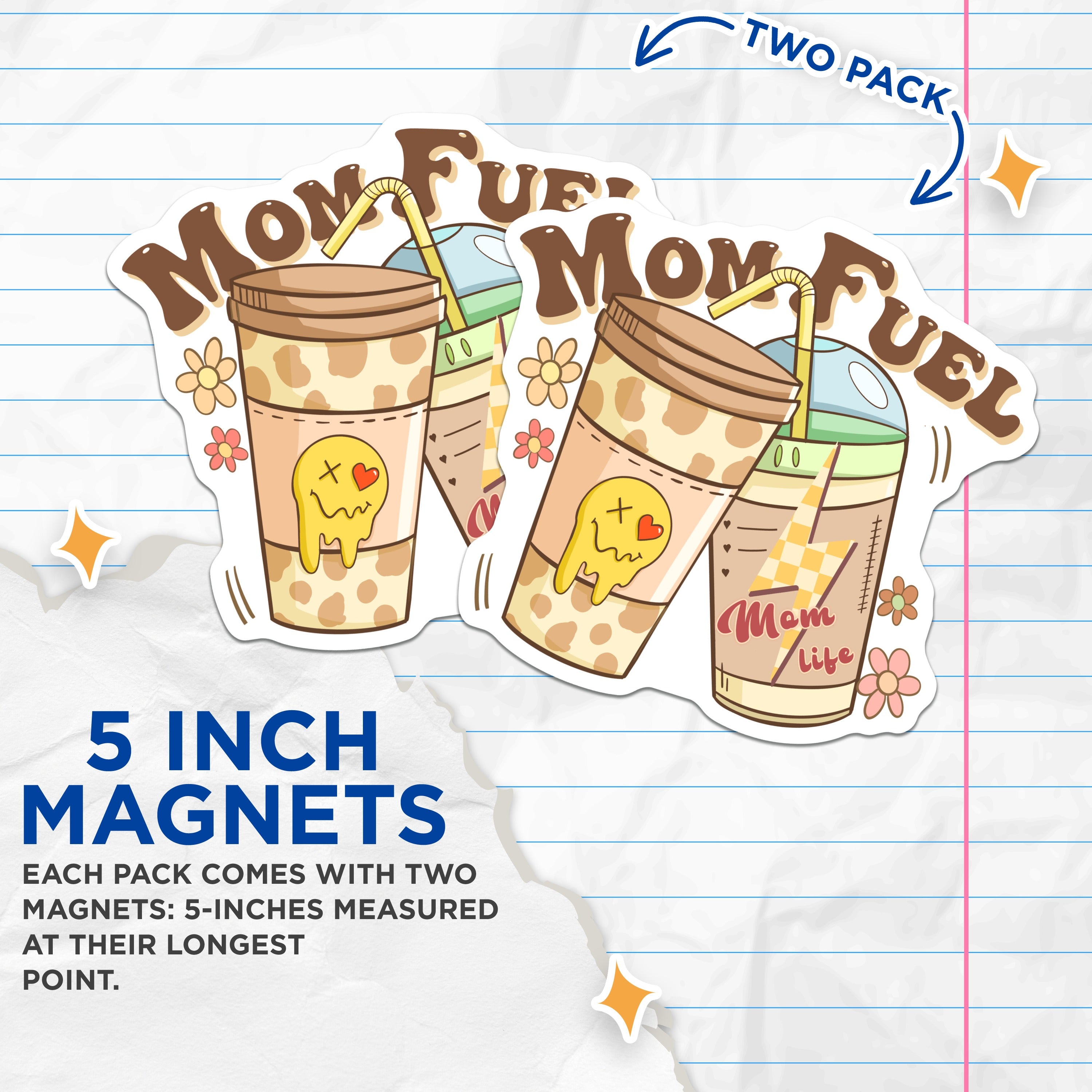 (2 Pack) Mom Fuel Coffee Cup Magnets - Mom Life Drink Decor - Cute Retro Fridge Magnet - Funny Kitchen Accent for Her - 5 Inches On Longest Side - Thick Durable Magnet - Made in USA - MAG36250