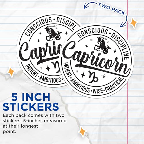 (2 Pack) Capricorn Zodiac Stickers - Astrology Sign Decal - Capricorn Horoscope Art - 5" On Longest Side - Sticks to Smooth Flat Surfaces - Made in USA - BMCS4805