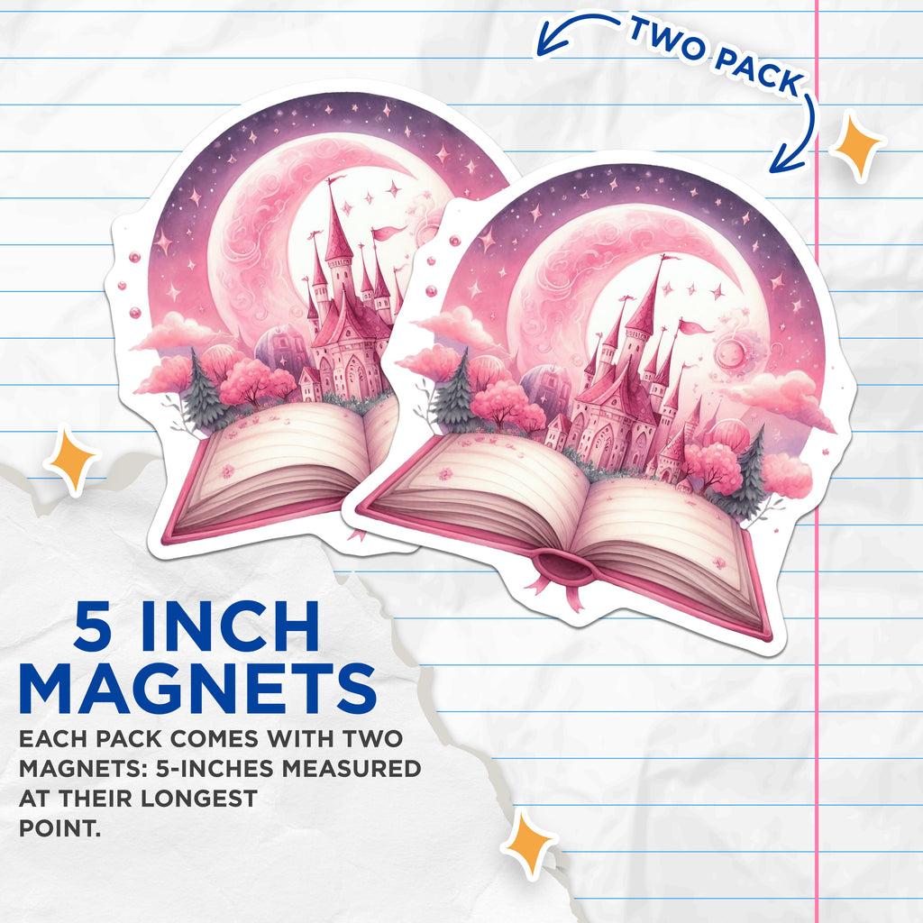 (2 Pack) Fairy Tale Book Magnets - Pink Castle Art - Fantasy Reading Decor for Bookworms - 5 Inches On Longest Side - Thick Durable Magnet - Made in USA - MAG39311
