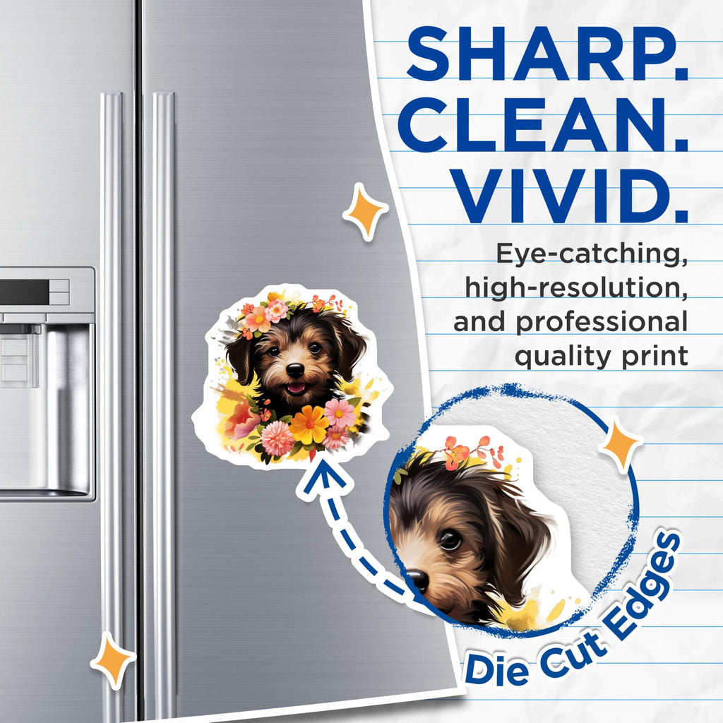 (2 Pack) Whimsical Puppy Magnets - Floral Dog Art Decor - Pet Lover Kitchen Refrigerator Magnets - 5 Inches On Longest Side - Thick Durable Magnet - Made in USA - MAG28181