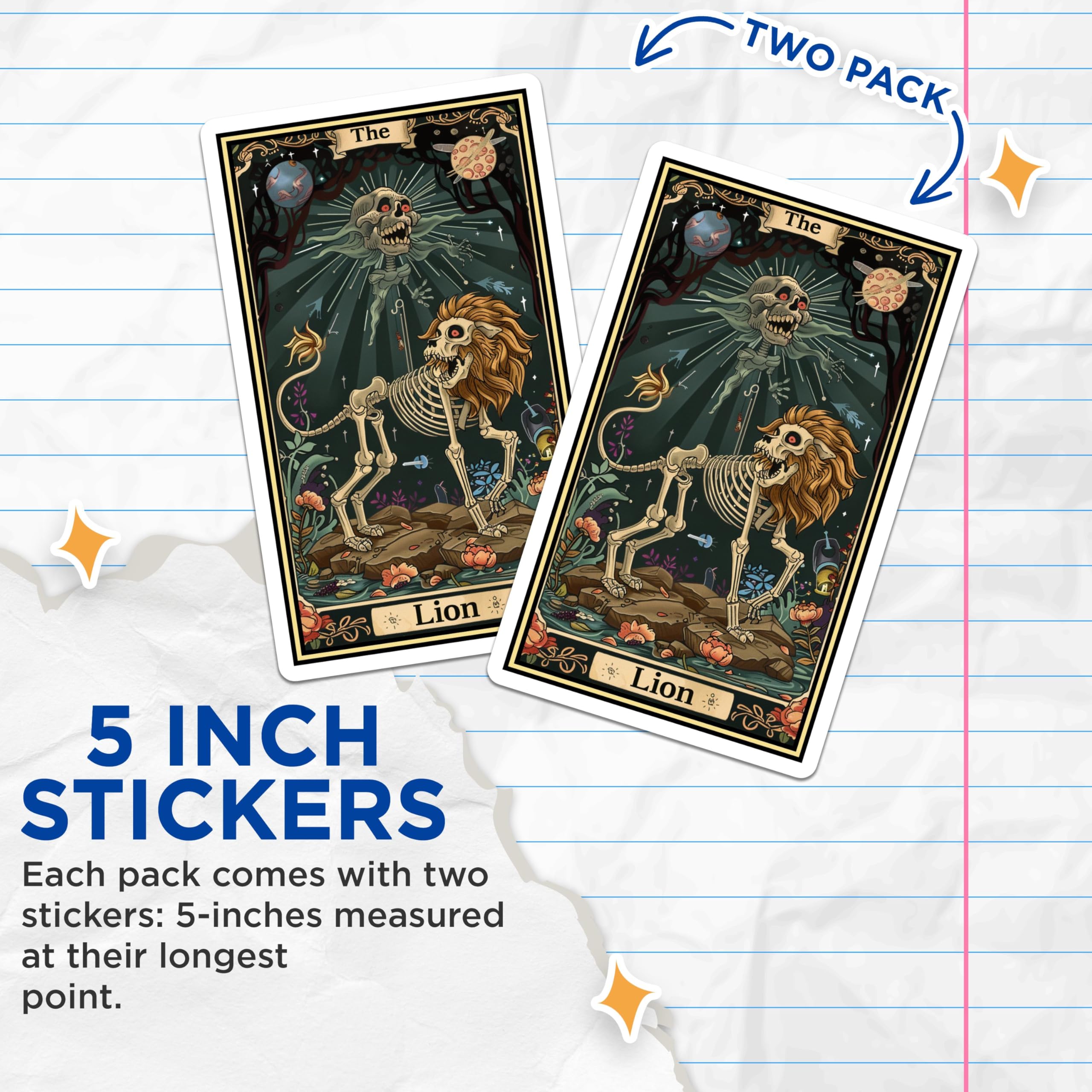 (2 Pack) Tarot Card Stickers - Lion Tarot Stickers - Skeleton Lion Stickers - Mystical Stickers - Tarot Art Stickers - 5" On Longest Side - Sticks to Smooth Flat Surfaces - Made in USA - BMCS3697