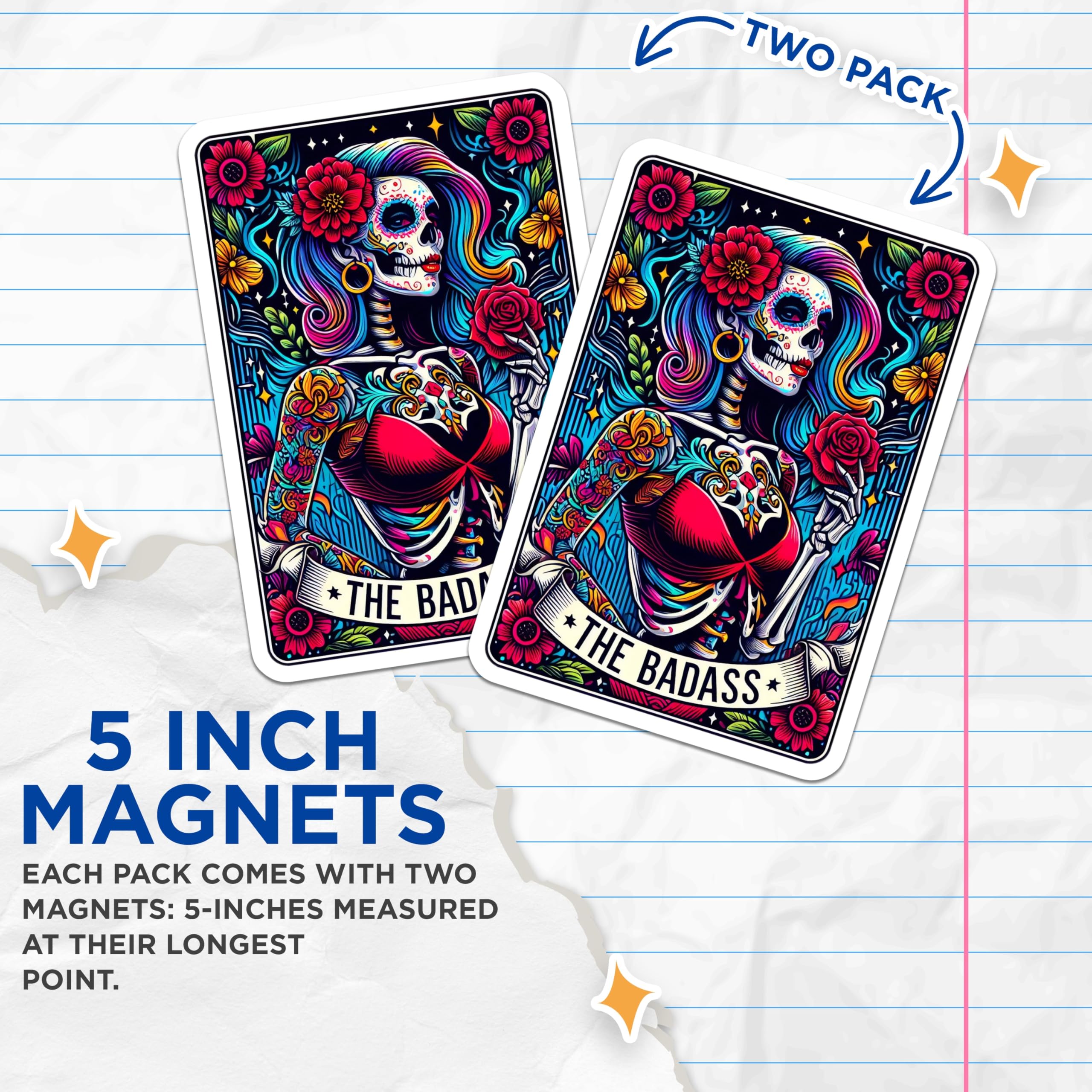 (2 Pack) Badass Sugar Skull Magnets - Dia de Los Muertos Decor - Strong Woman Art - 5 Inches On Longest Side - Thick Durable Magnet - Made in USA - MAG27925