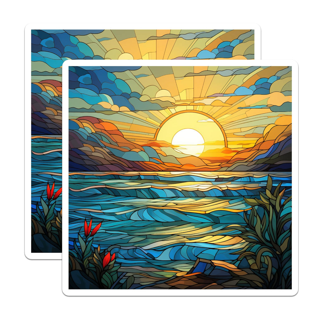 (2 Pack) Stained Glass Sunset Ocean Landscape Magnets - Coastal Beach House Decor - Vibrant Artistic Nature Theme - 5 Inches On Longest Side - Thick Durable Magnet - Made in USA - MAG30373