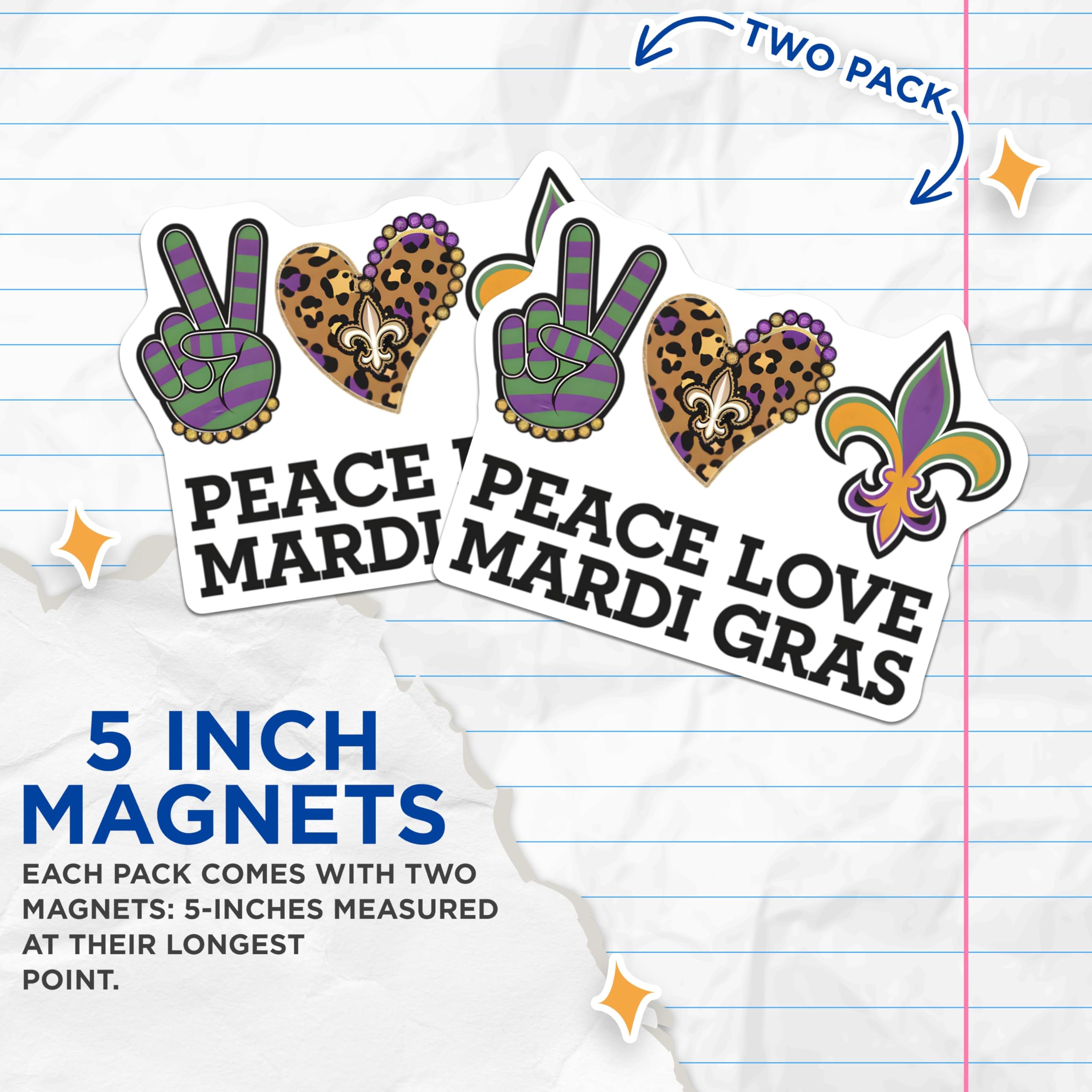 (2 Pack) Mardi Gras Magnets - Peace Love - Fleur De Lis Refrigerator Magnets - 5" On Longest Side - Premium Magnet - for Cars, Refrigerators, Toolboxes, Lockers - Made in USA - MAG14729