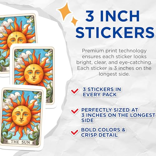 (3 Pack) The Sun Tarot Card Decals - Laptop Decal - Positive Vibes Decal - 3 Inches On Longest Side - Easy Peel & Apply - Made in USA - 3MCS1122