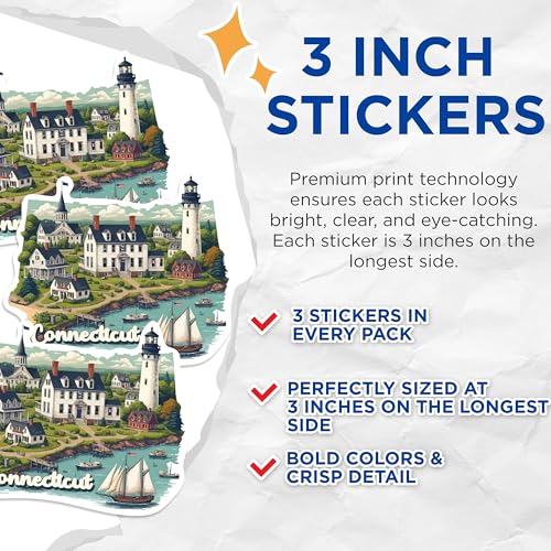 (3 Pack) Connecticut Decals - Travel Destination Decals - New England Decals - 3 Inches On Longest Side - Easy Peel & Apply - Made in USA - 3MCS0125