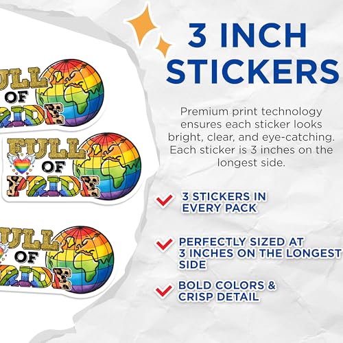(3 Pack) Full of Pride Decals - Rainbow Globe - LGBT Pride Decals - 3 Inches On Longest Side - Easy Peel & Apply - Made in USA - 3MCS7019