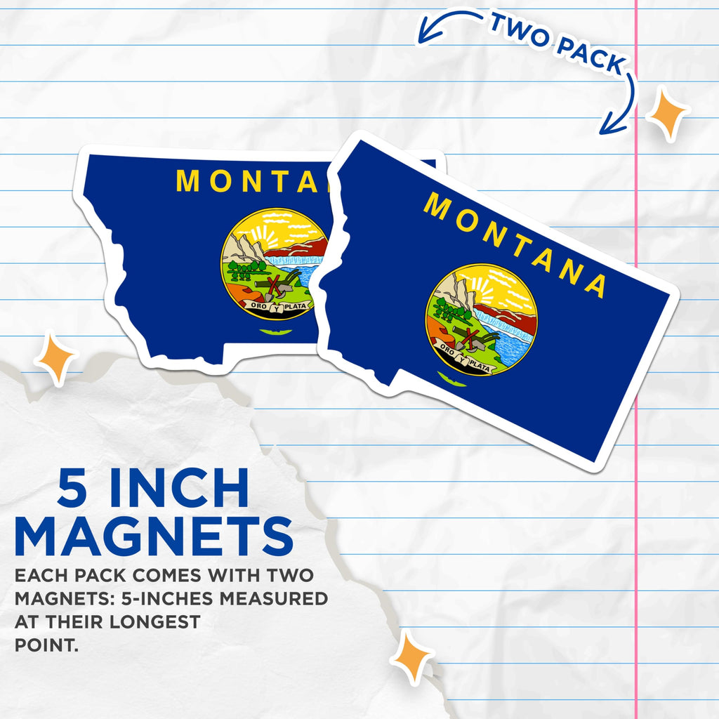 (2 Pack) Montana Flag Magnets - Big Sky Country State Outline Decal - USA Travel Souvenir - Western Home Decor Collectibles - 5 Inches On Longest Side - Thick Durable Magnet - Made in USA - MAG20885