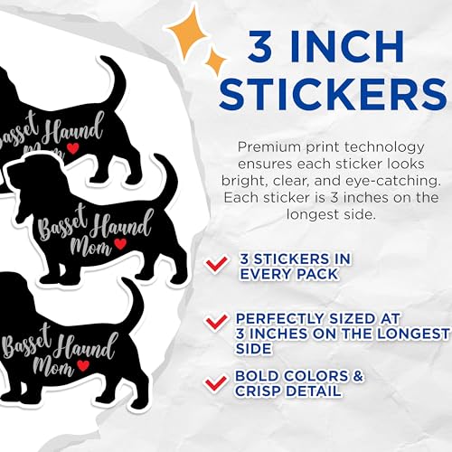 (3 Pack) Basset Hound Mom Decals - Dog Breed Decals - Laptop Decal - 3 Inches On Longest Side - Easy Peel & Apply - Made in USA - 3MCS1323