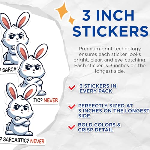 (3 Pack) Sarcastic Bunny Decals - Funny Rabbit - Attitude Decals - 3 Inches On Longest Side - Easy Peel & Apply - Made in USA - 3MCS4428