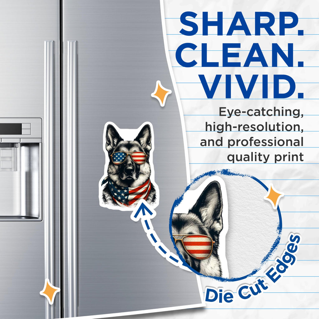 (2 Pack) German Shepherd Magnets - American Flag Decor - Patriotic Dog Art - 5" On Longest Side - Premium Magnet - for Cars, Refrigerators, Toolboxes, Lockers - Made in USA - MAG14236