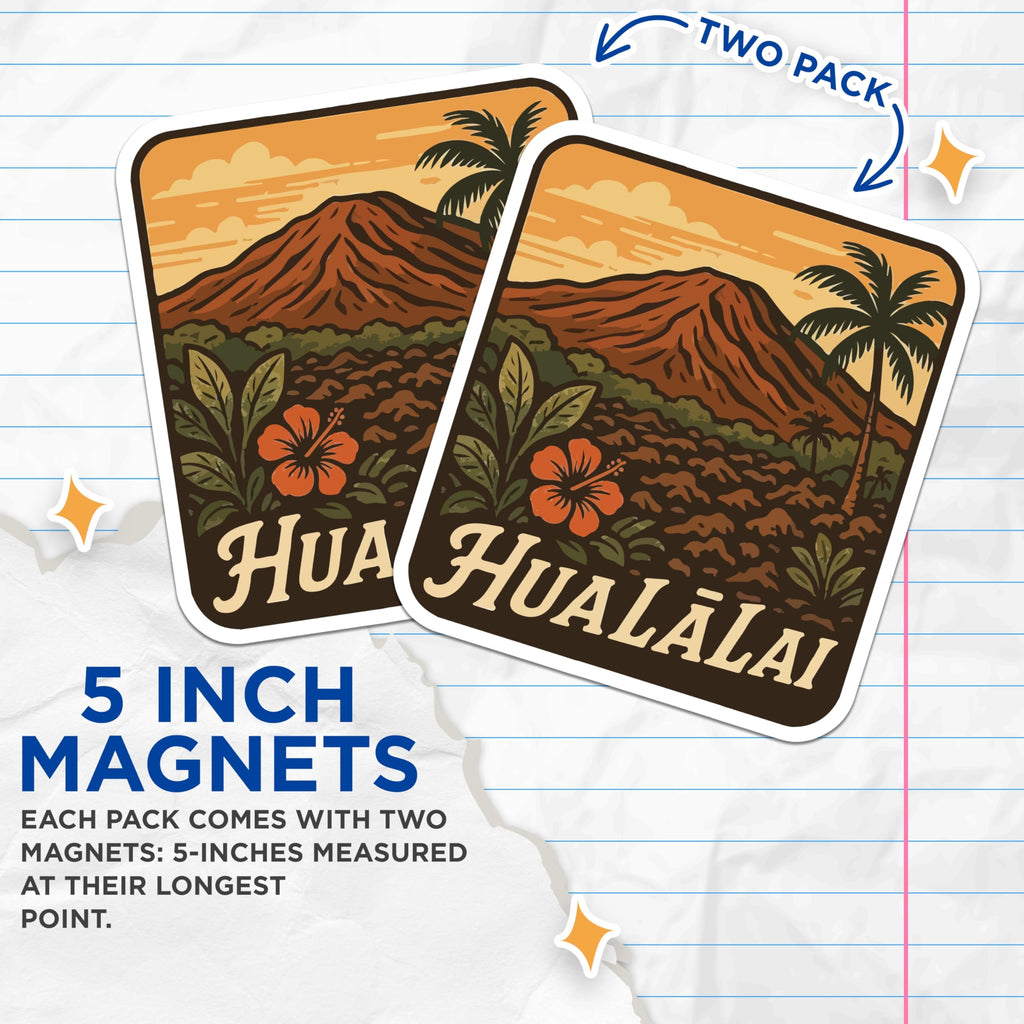 (2 Pack) Hualalai Volcano Magnets - Hawaii Island Scenery - Tropical Landscape Art - Retro Hibiscus Palm Decor - 5 Inches On Longest Side - Thick Durable Magnet - Made in USA - MAG19530