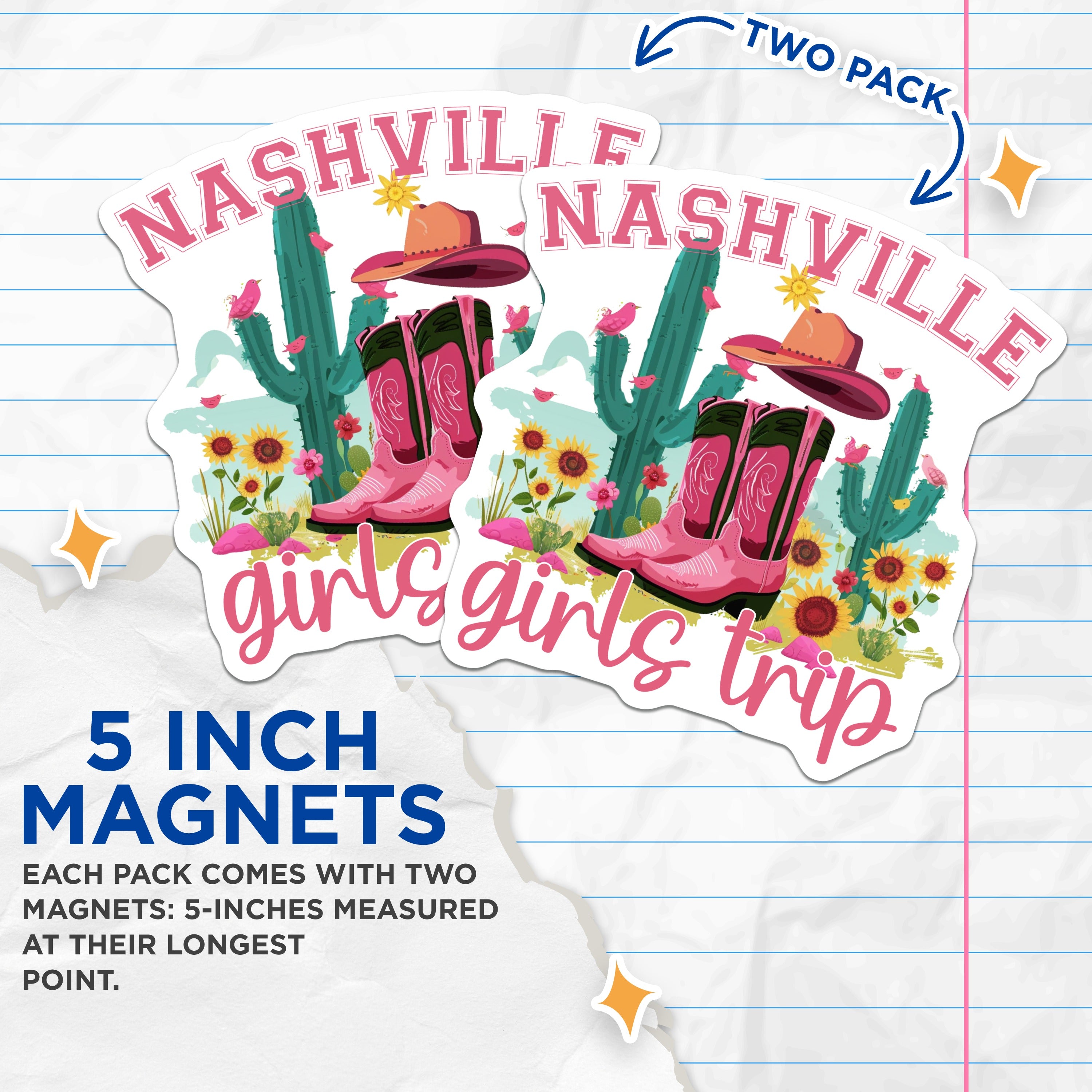 (2 Pack) Nashville Girls Trip Magnets - Bachelorette Party Supplies - Cowgirl Boots Souvenir - 5 Inches On Longest Side - Thick Durable Magnet - Made in USA - MAG39887