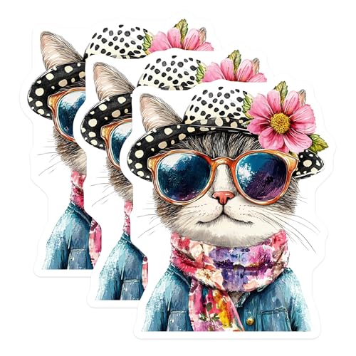 (3 Pack) Cat with Sunglasses Decals - Cool Cat Stickers - Trendy Animal Decals - 3 Inches On Longest Side - Easy Peel & Apply - Made in USA - 3MCS8269