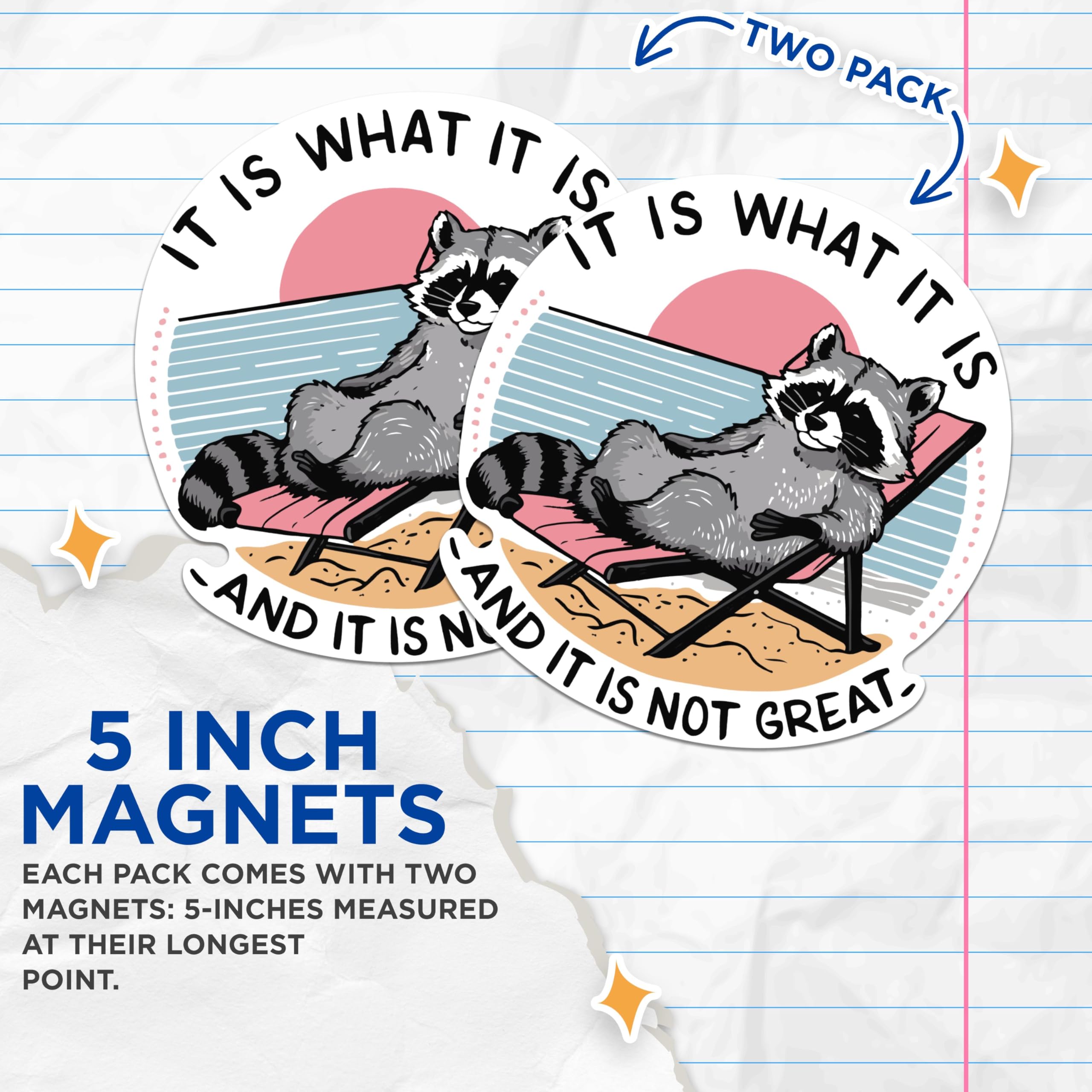 (2 Pack) It is What It is and It is Not Great Magnets - Funny Raccoon Laying on The Beach Magnets - 5" On Longest Side - Premium Vinyl - for Cars, Refrigerators, Toolboxes - Made in USA - MAG2092