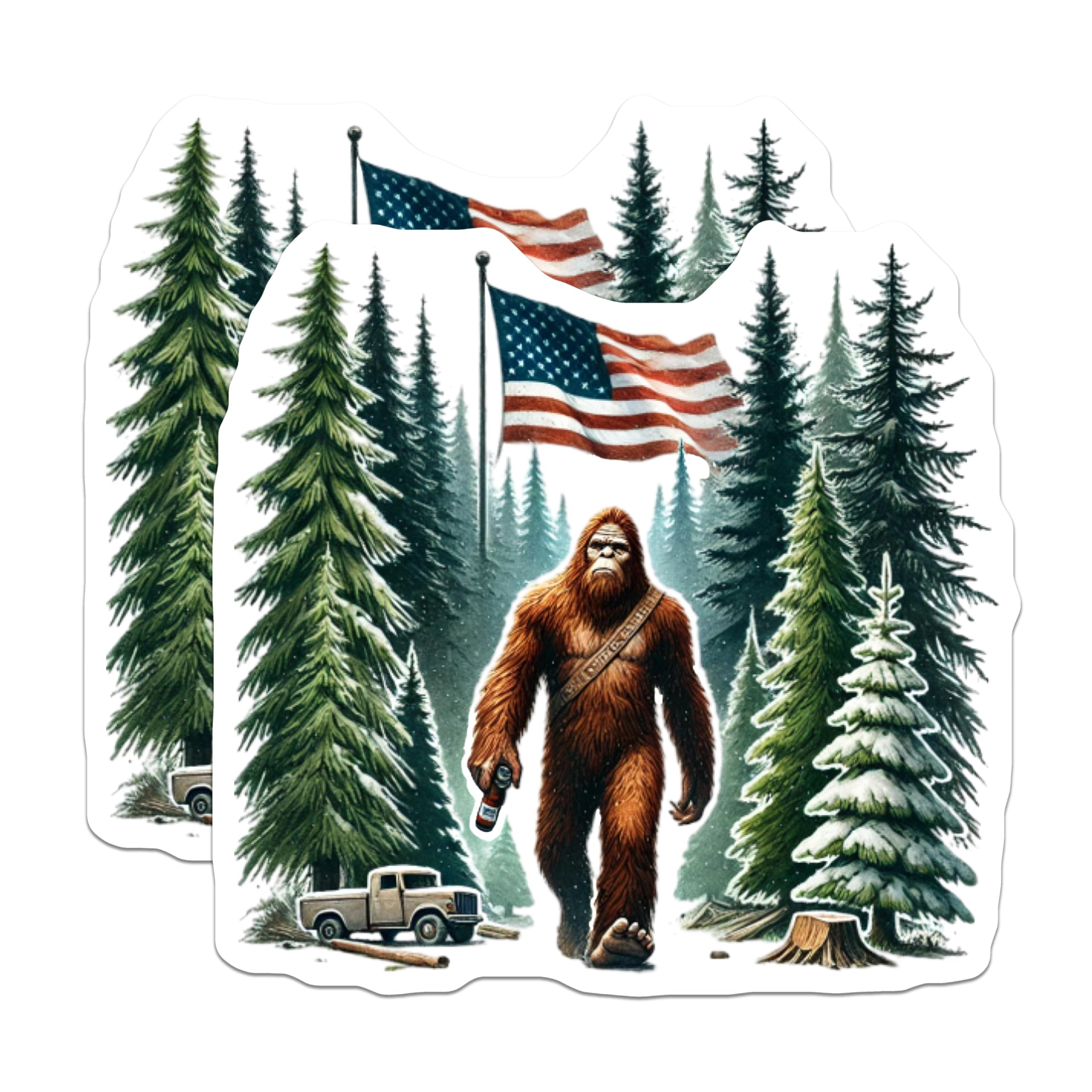 (2 Pack) American Bigfoot Magnets - Patriotic Sasquatch Winter Forest - USA Flag Cryptid Truck Scene - 5 Inches On Longest Side - Thick Durable Magnet - Made in USA - MAG20971