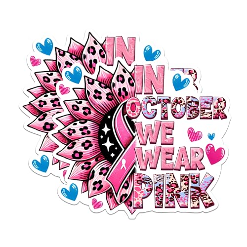 (2 Packs) in October We Wear Pink Stickers - Pink Breast Cancer Awareness Decals - 5 Inches On Longest Side - Premium Vinyl Decal - Sticks to Any Smooth Flat Surface - Made in USA - BMCS2439