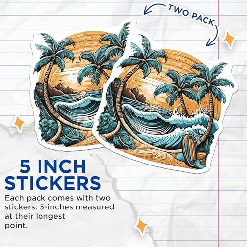 (2 Pack) Tropical Beach Wave Stickers - Surfing - Palm Trees - 5" On Longest Side - Sticks to Smooth Flat Surfaces - Made in USA - BMCS9261