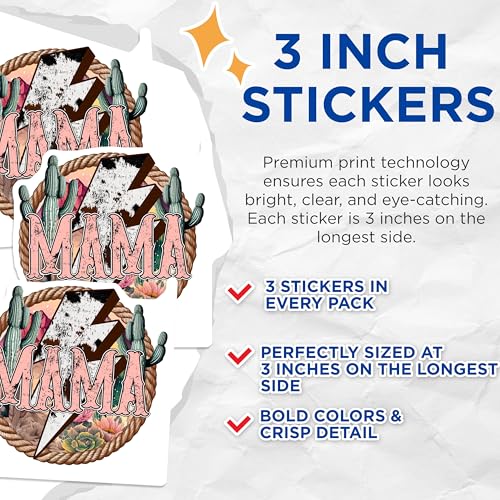 (3 Pack) Mama Cactus Decals - Western Laptop Decal - Cow Print Decal - 3 Inches On Longest Side - Easy Peel & Apply - Made in USA - 3MCS4941