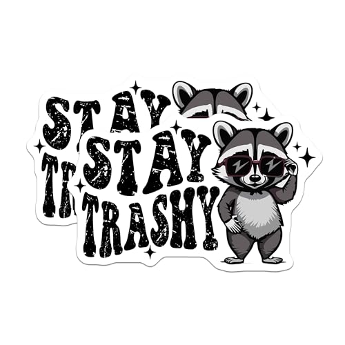 (2 Pack) Stay Trashy Stickers - Funny Raccoon Stickers - Humorous Animal Decals - 5" On Longest Side - Sticks to Any Smooth Flat Surface - Made in USA - BMCS3568