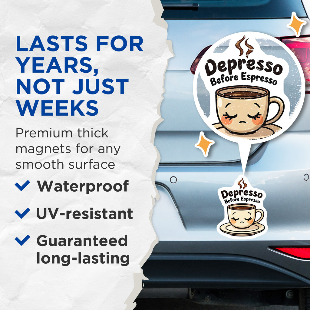 (2 Pack) Depresso Before Espresso Magnets - Funny Coffee Lover - Kawaii Kitchen Appliance Accent - 5 Inches On Longest Side - Thick Durable Magnet - Made in USA - MAG39548