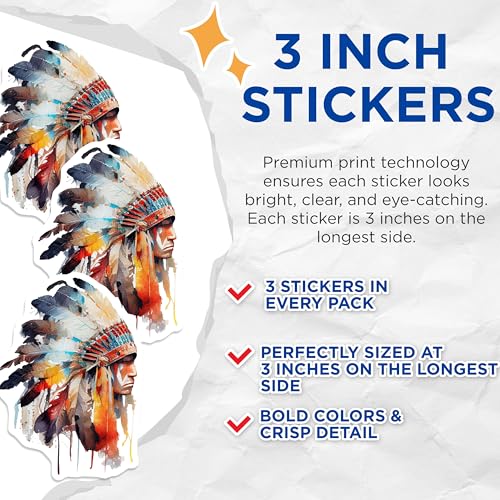 (3 Pack) Native American Decals - Laptop Stickers - Indigenous Headdress Decal - 3 Inches On Longest Side - Easy Peel & Apply - Made in USA - 3MCS7780