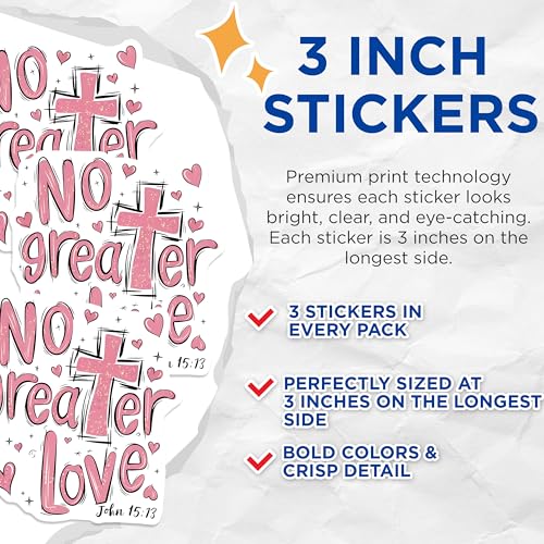 (3 Pack) No Greater Love Decals - Christian Decals - Bible Verse Stickers - 3 Inches On Longest Side - Easy Peel & Apply - Made in USA - 3MCS2737
