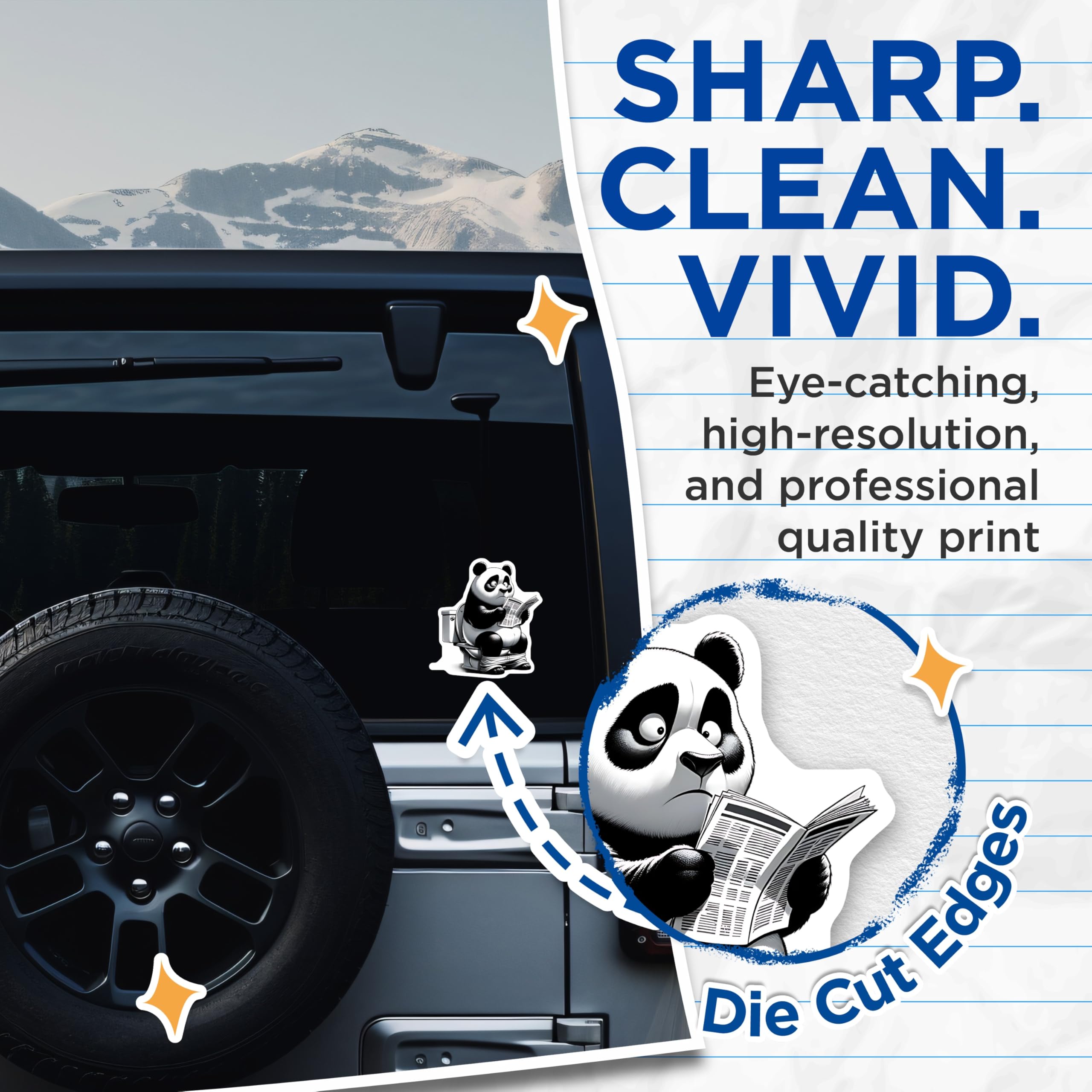 (2 Pack) Panda on Toilet Stickers - Reading Newspaper Panda - Funny Animal Stickers - 5" On Longest Side - Sticks to Smooth Flat Surfaces - Made in USA - BMCS15355